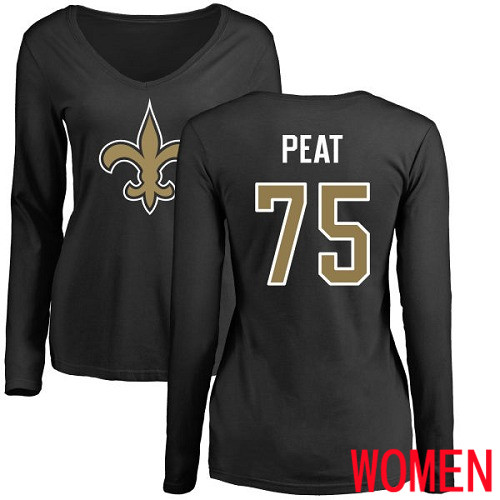 New Orleans Saints Black Women Andrus Peat Name and Number Logo Slim Fit NFL Football #75 Long Sleeve T Shirt